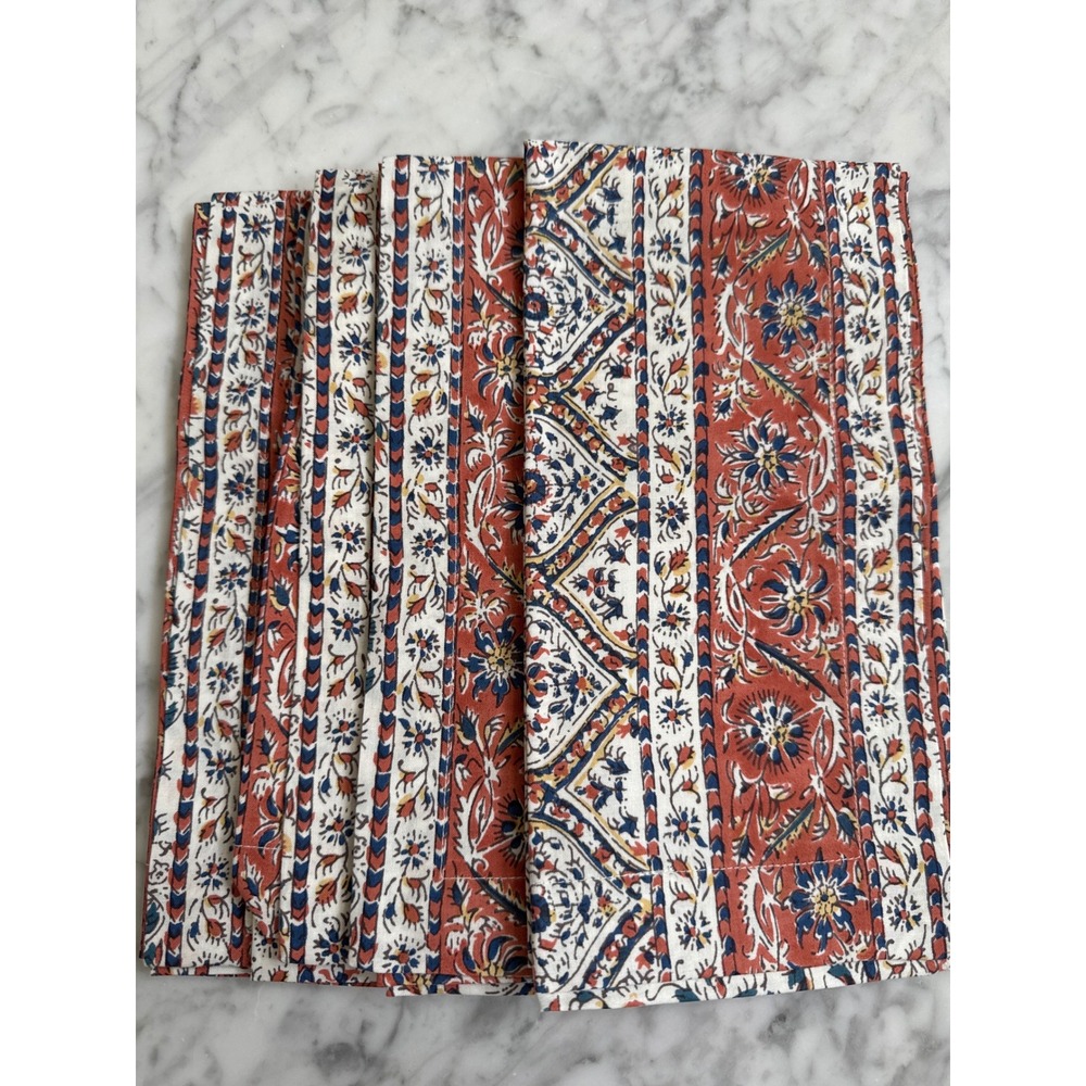 Pottery Barn Darcy Block Print Napkins Set of 4 Clay Floral 20" 2043861